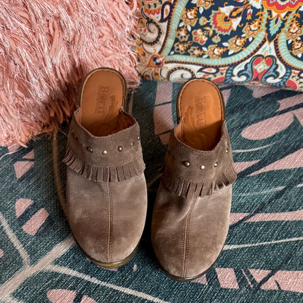 Born Brown Suede Mules with Fringe Detail